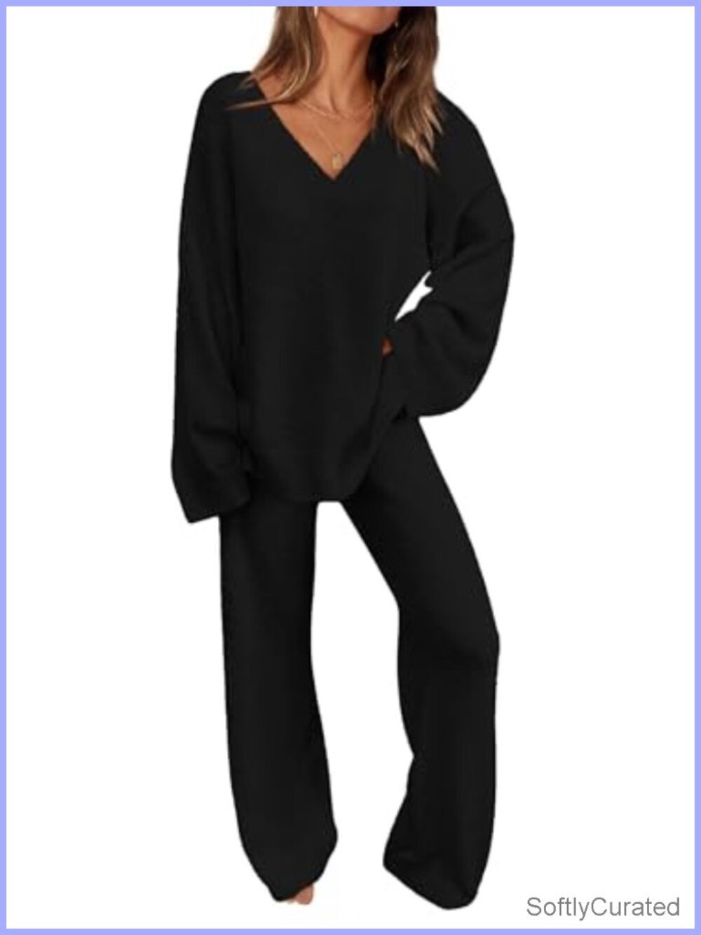 2 Piece Lounge Set Pajama Set Knit Sweater Wide Leg Pants V-Neck Pullover S-XXL